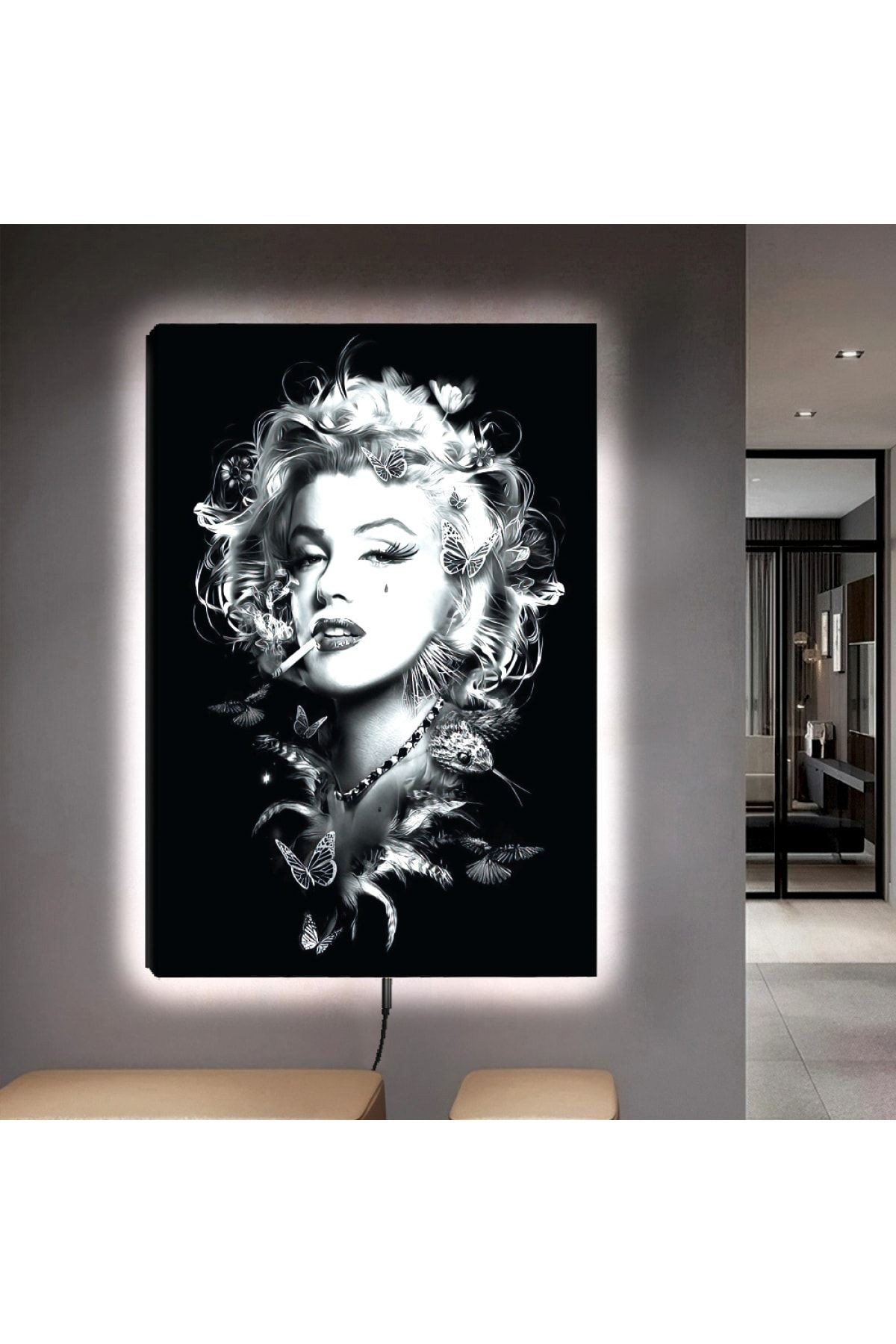 Kanvas Siyah Arka Planlı Siyah Beyaz Marilyn Monroe Ledli Tablo
