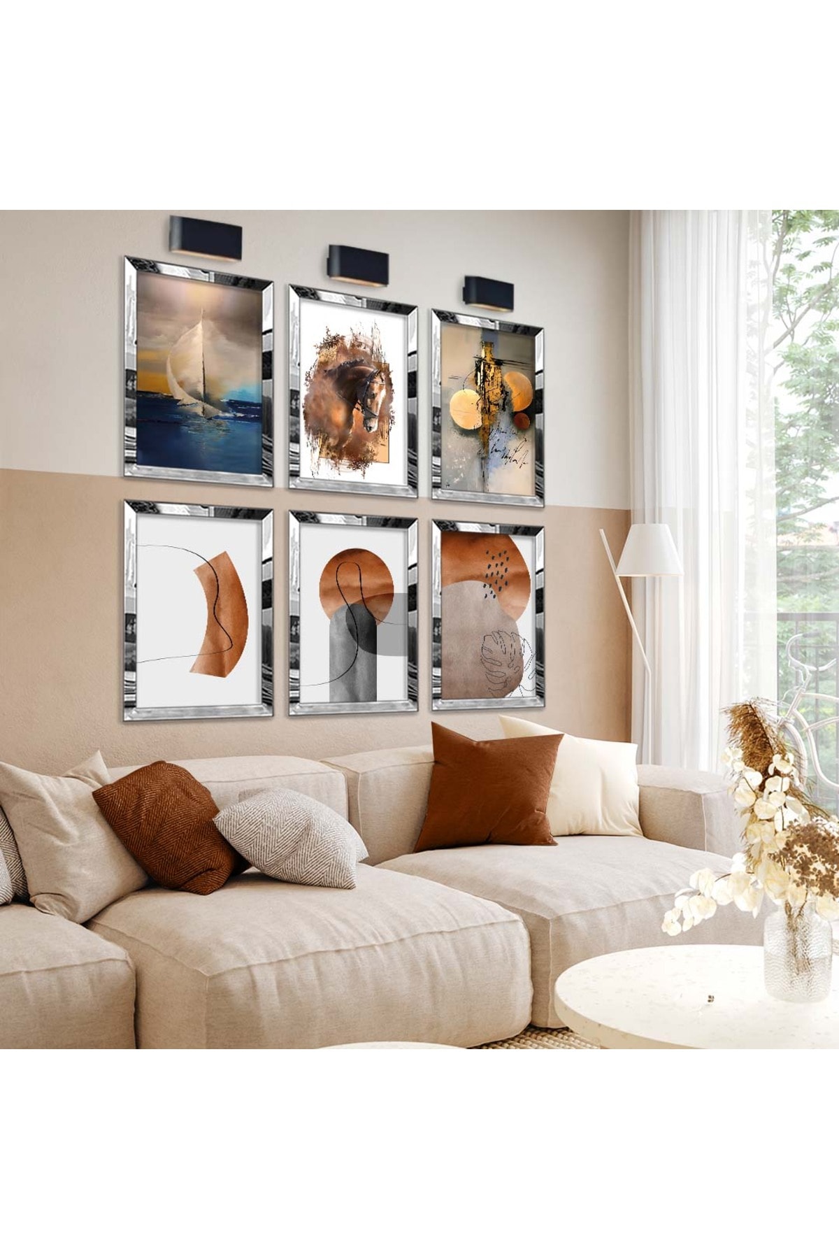 Oturma Odası Tablosu Çizim Ve Geometrik Desen 6'Lı Pleksi Kenar MDF Tablo Seti