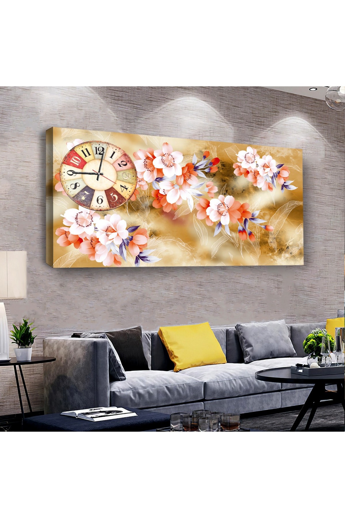 Tasarım Çiçek saatliAhşap Şase Dijital Baskı Kanvas Tablo 100X50Cm