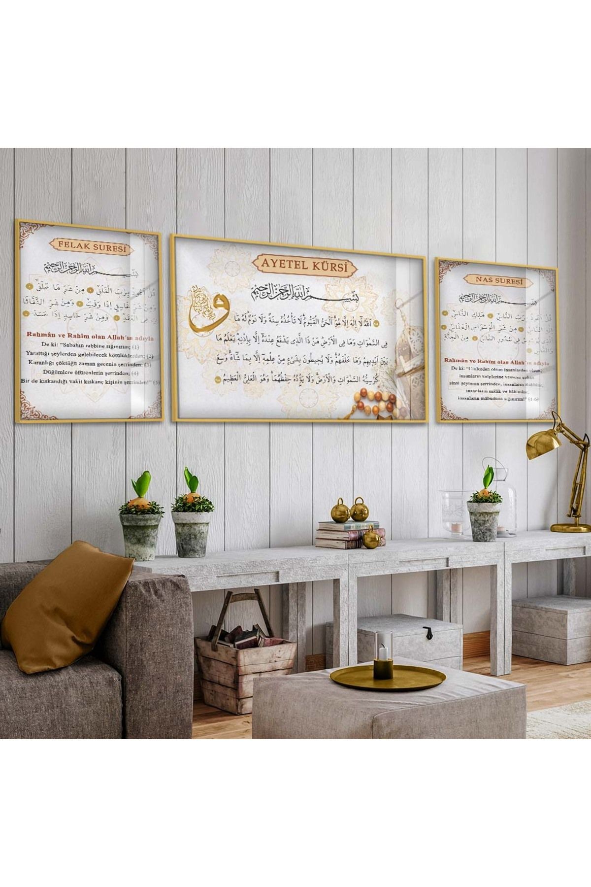 Gold Metal Çerçeveli Ayetel Kürsi Dini Kırılmaz Cam Tablo