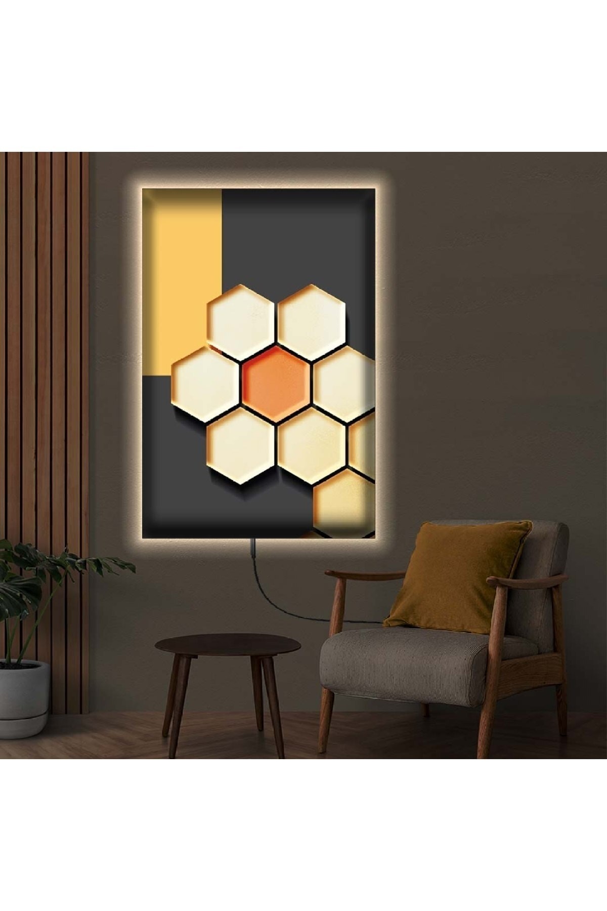Canlı Ledli Modern Çizim Ahşap Şase Dijital Baskı Kanvas Tablo 90X60Cm