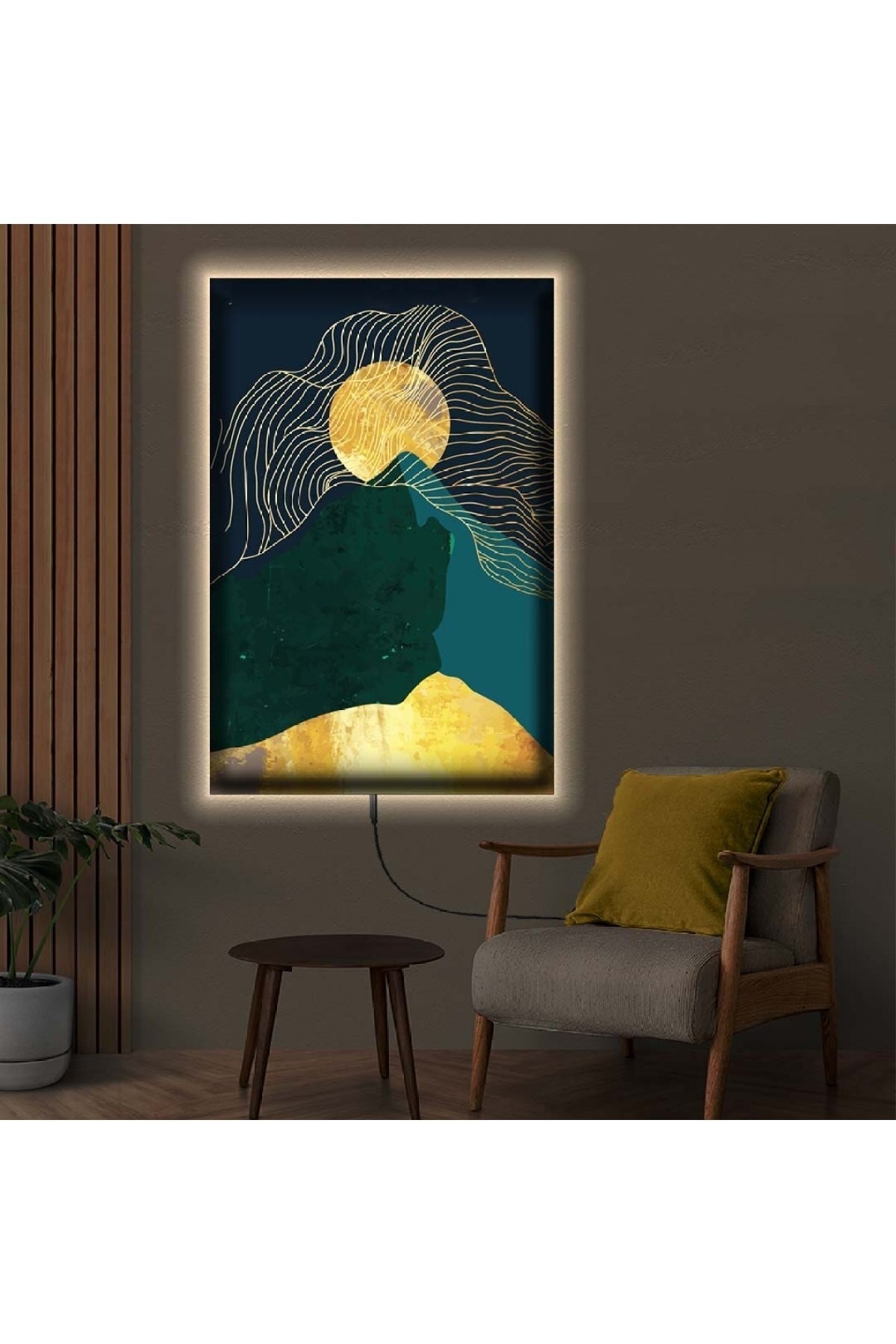 Ledli Kolaj Çizim Dağ Ahşap Şase Dijital Baskı Kanvas Tablo 90X60Cm