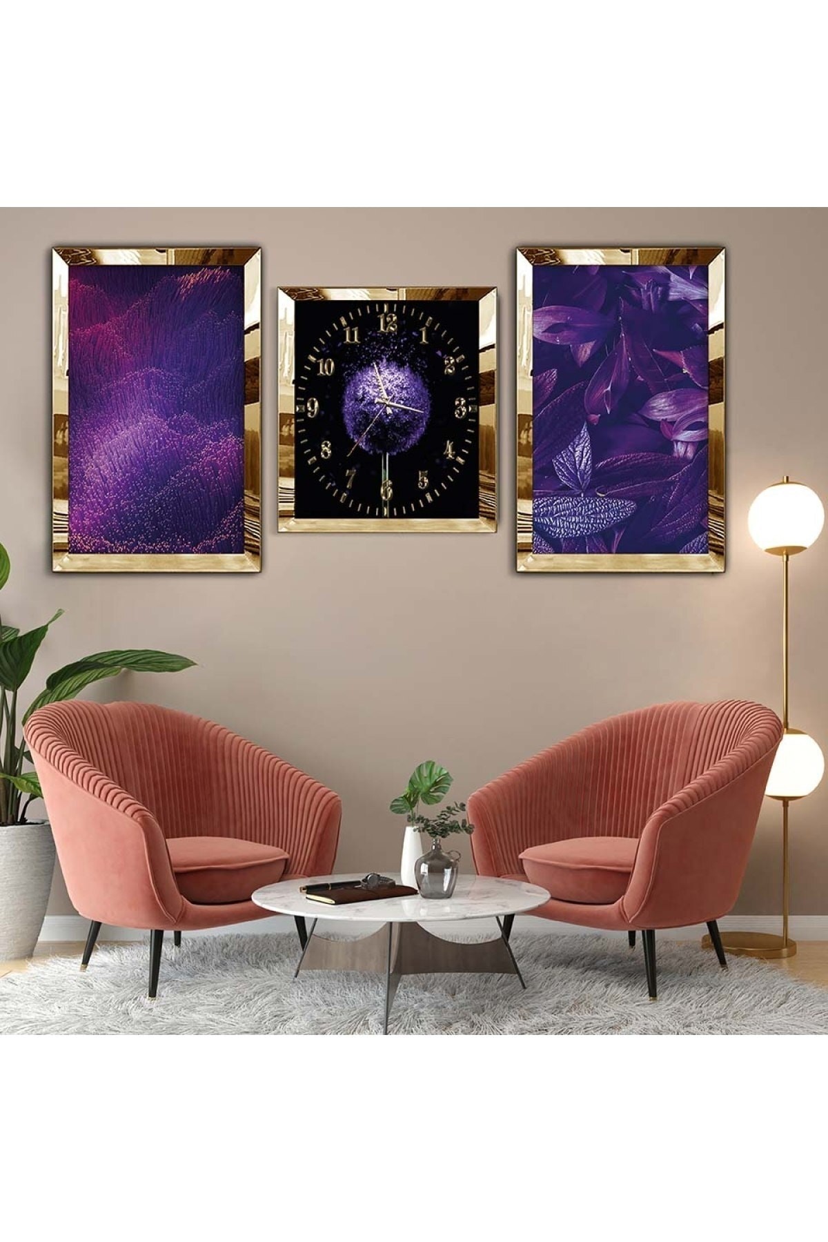 Oturma Odası Tablosu Huzur Gold Pleksi Kenar 3'Lü Solmaz MDF Tablo Saat Seti