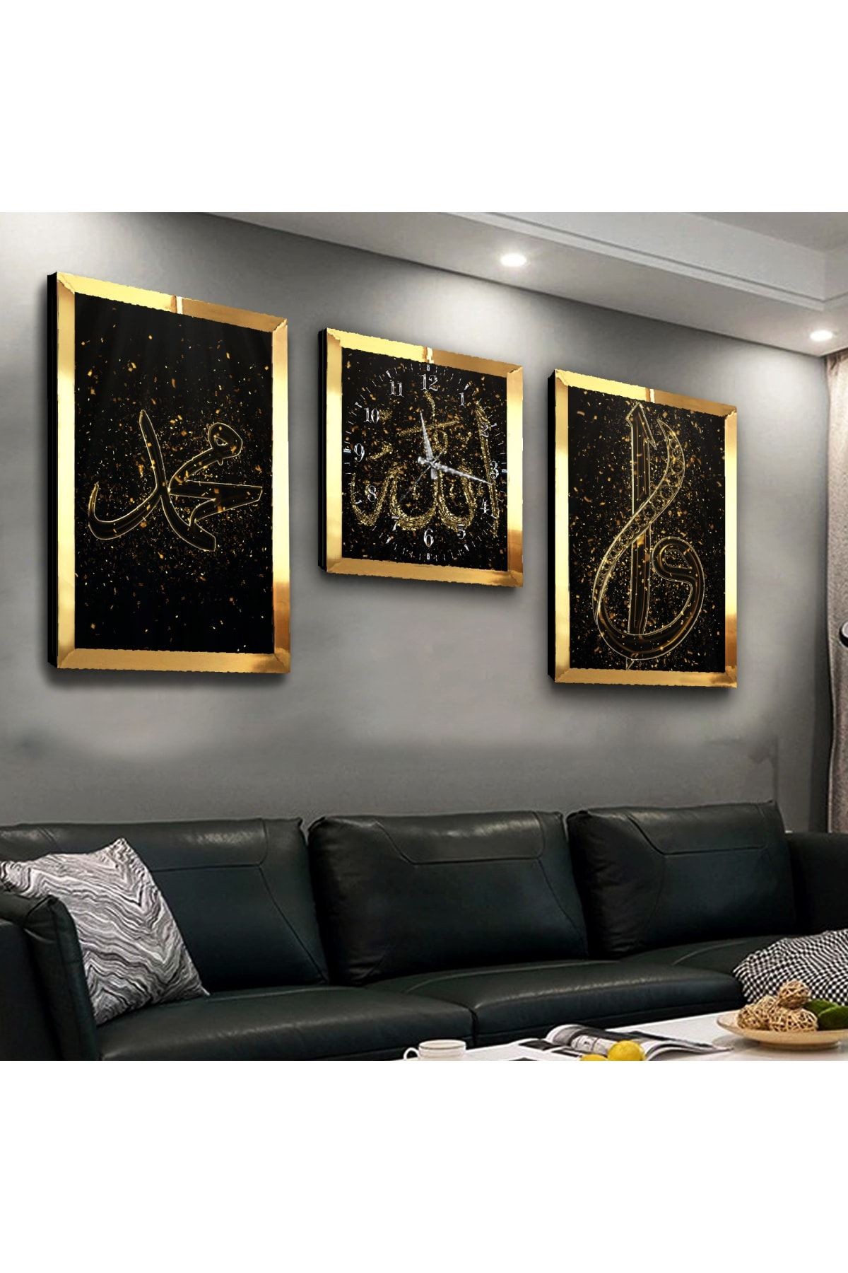 Gold Aynalı Pleksi Çerçeveli Dini Üçlü Mdf Tablo Seti Ve Saat Seti
