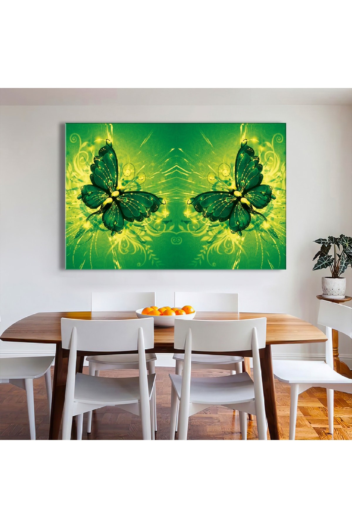 Yeşil Kelebekler Ahşap Şase Dijital Baskı Kanvas Tablo 120X80Cm