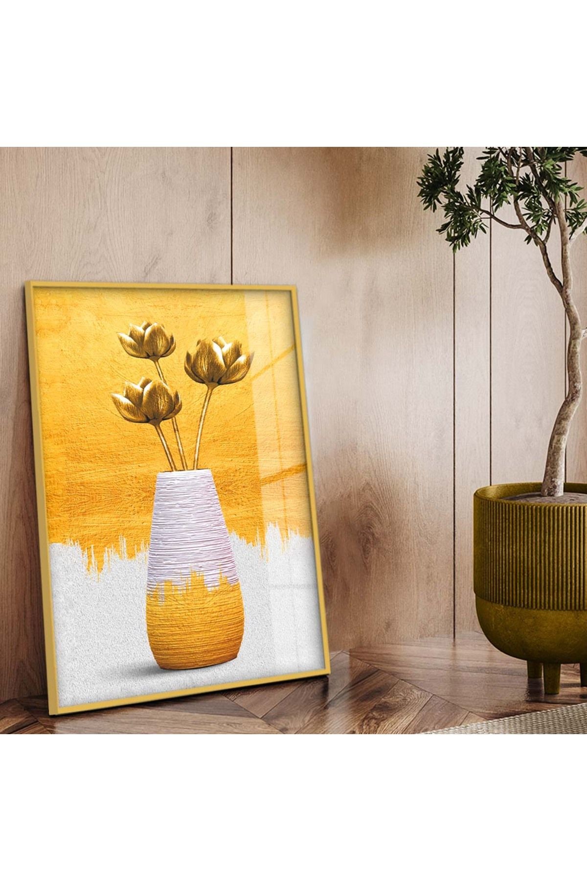 Gold Metal Çerçeveli Soyut Tema Modern Çizim Kırılmaz Cam Tablo