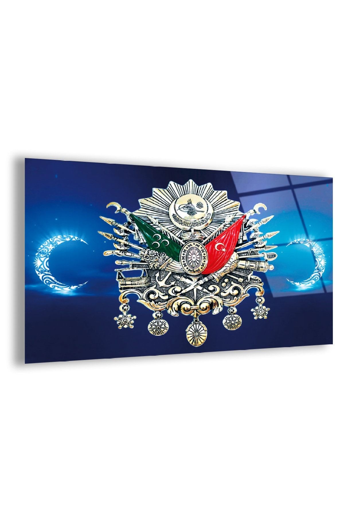 Çerçevesiz Yatay Mavi Arka Planlı Osmanlı Tuğrası Kırılmaz Cam Tablo