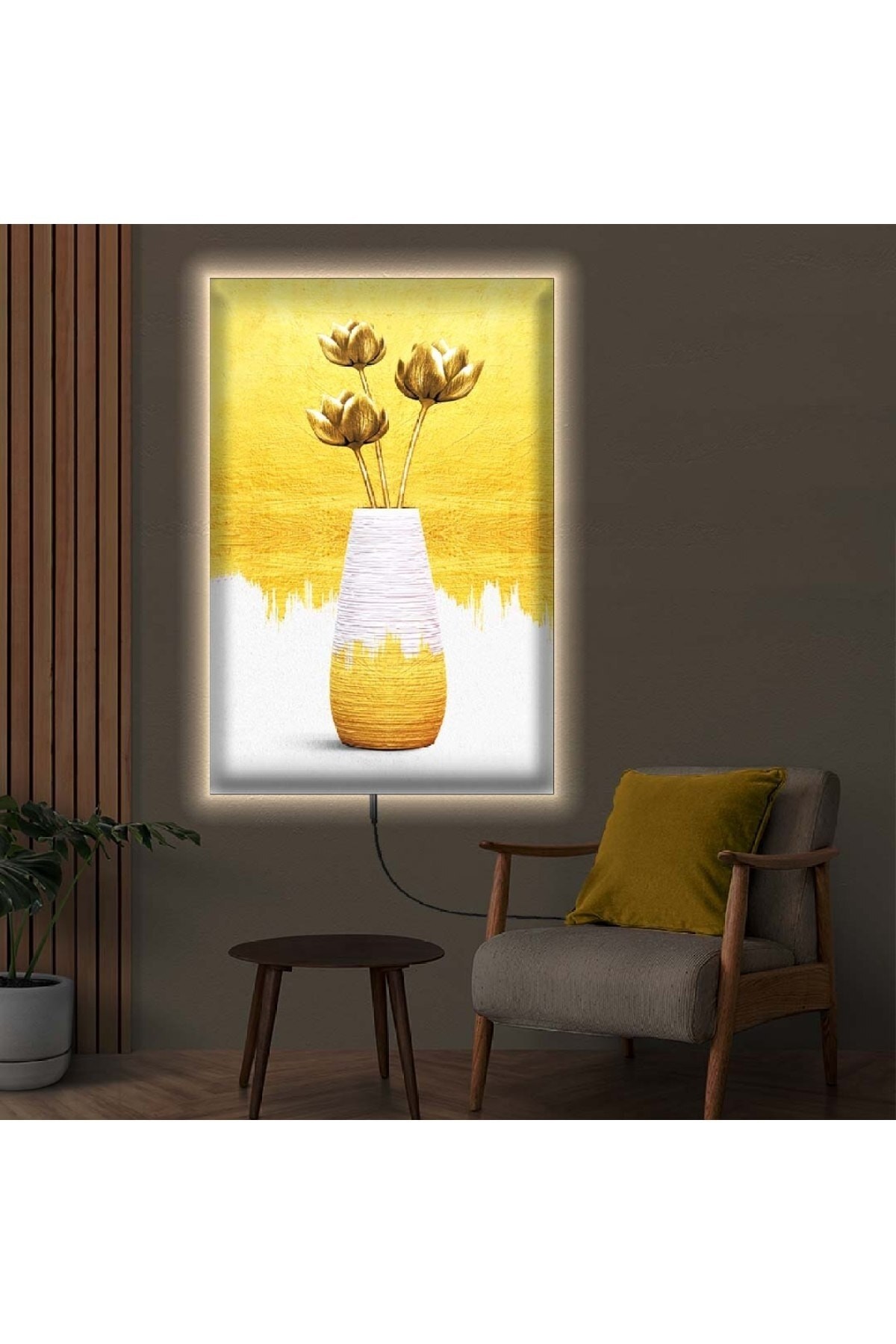 Minimal Ledli Kolaj Çizim Vazo Çiçek Ahşap Şase Dijital Baskı Kanvas Tablo 90X60Cm