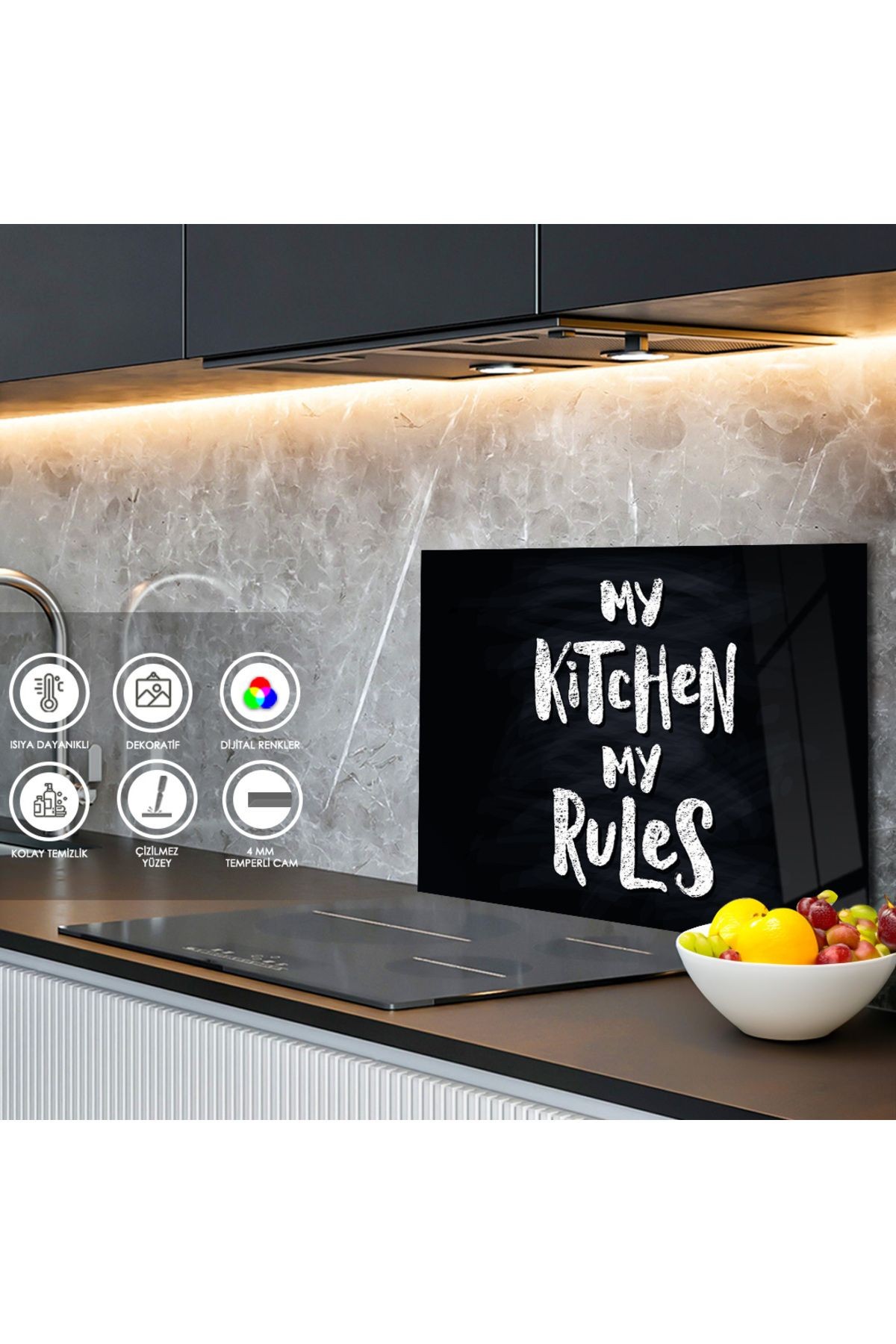 Ocak Arkası Temperli Cam Siyah Arka Planlı "My Kitchen My Rules" Yazılı