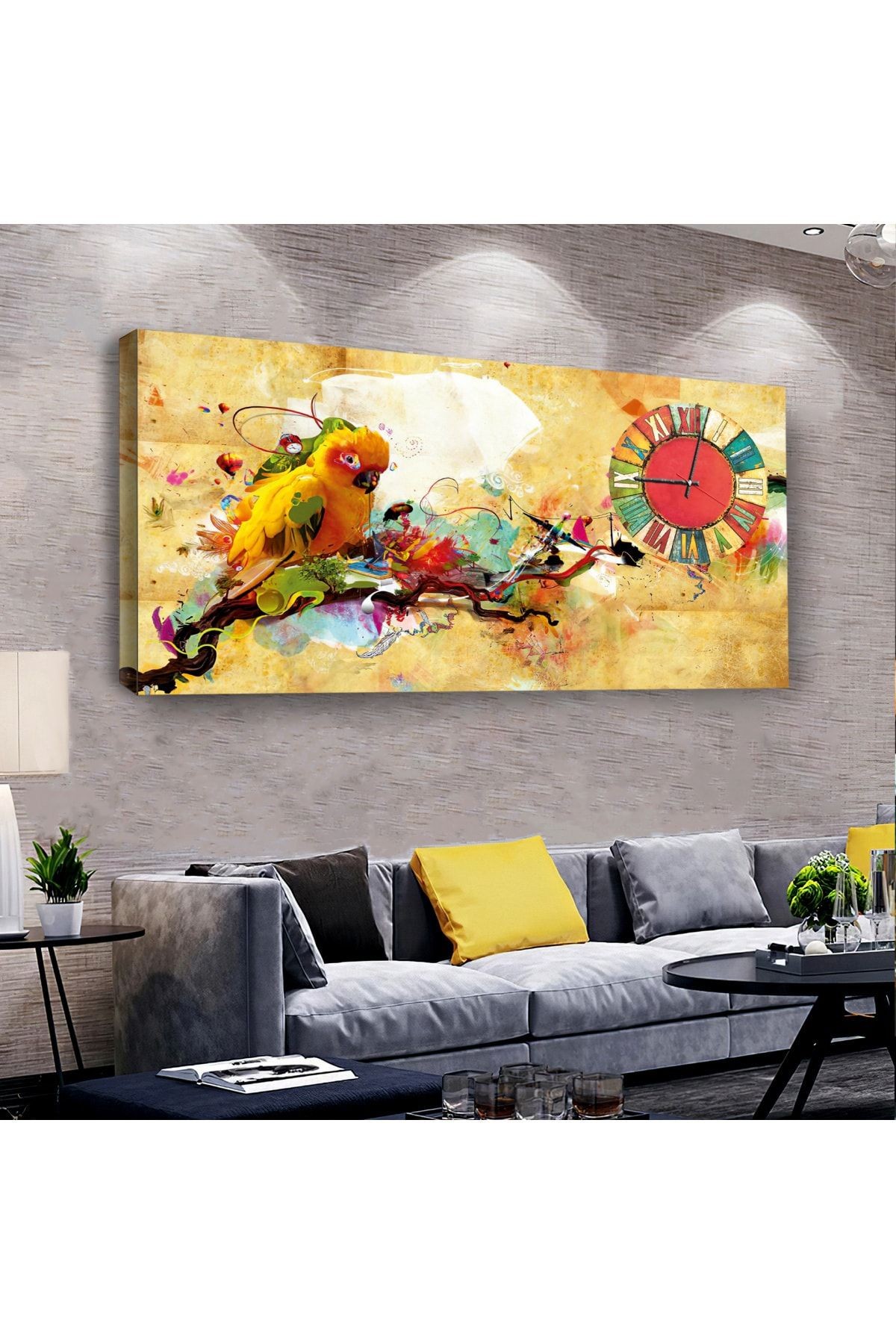 Renkli Kuş 120 X 60 Saatli Kanvas Tablo