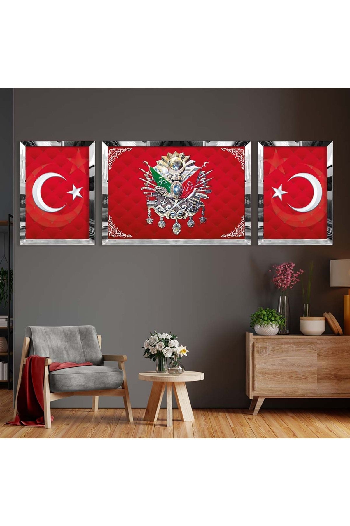 Gold Aynalı Pleksi Çerçeveli Üçlü Kırmızı Arka Planlı Beyaz Desenli Osmanlı Tuğrası Mdf Tablo Seti