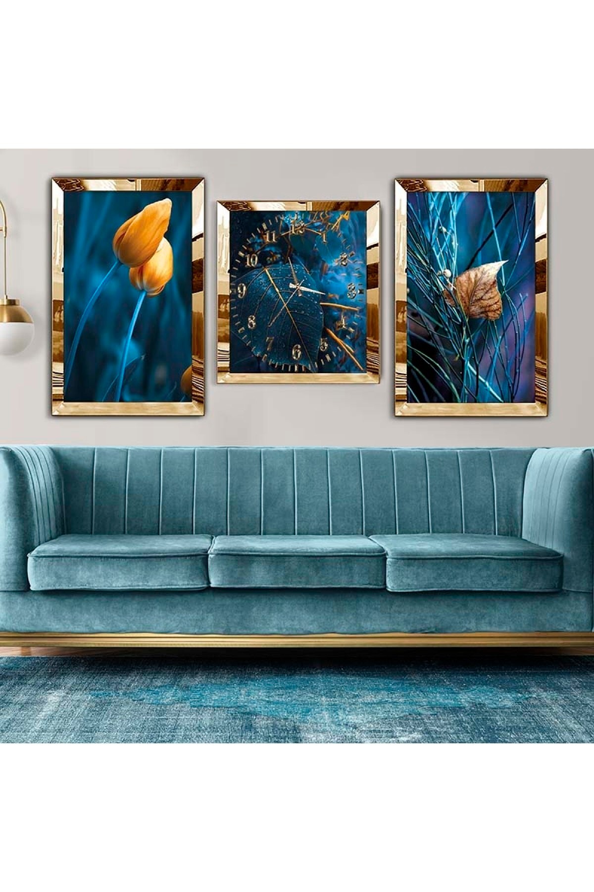 Canlı Modern Gold Pleksi Kenar 3'Lü Solmaz MDF Tablo Saat Seti