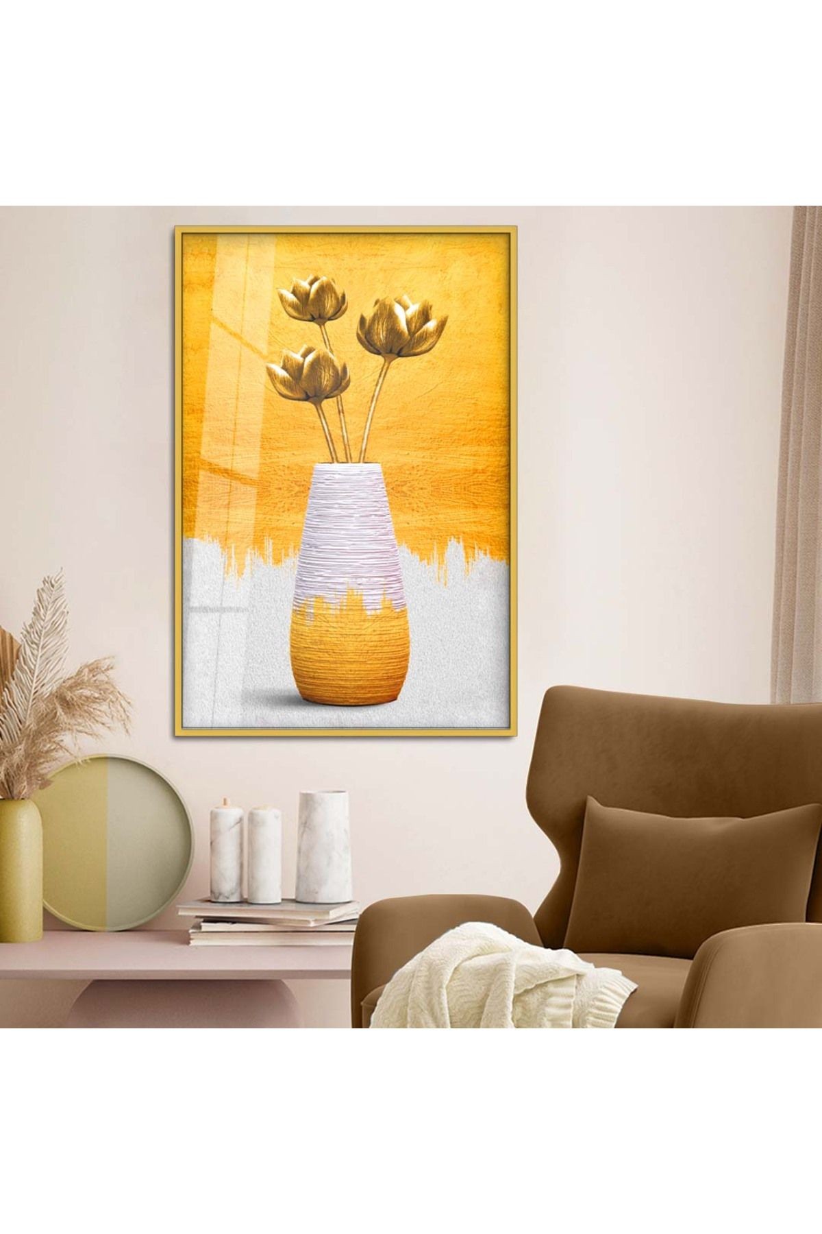 Gold Metal Çerçeveli Soyut Tema Modern Çizim Kırılmaz Cam Tablo