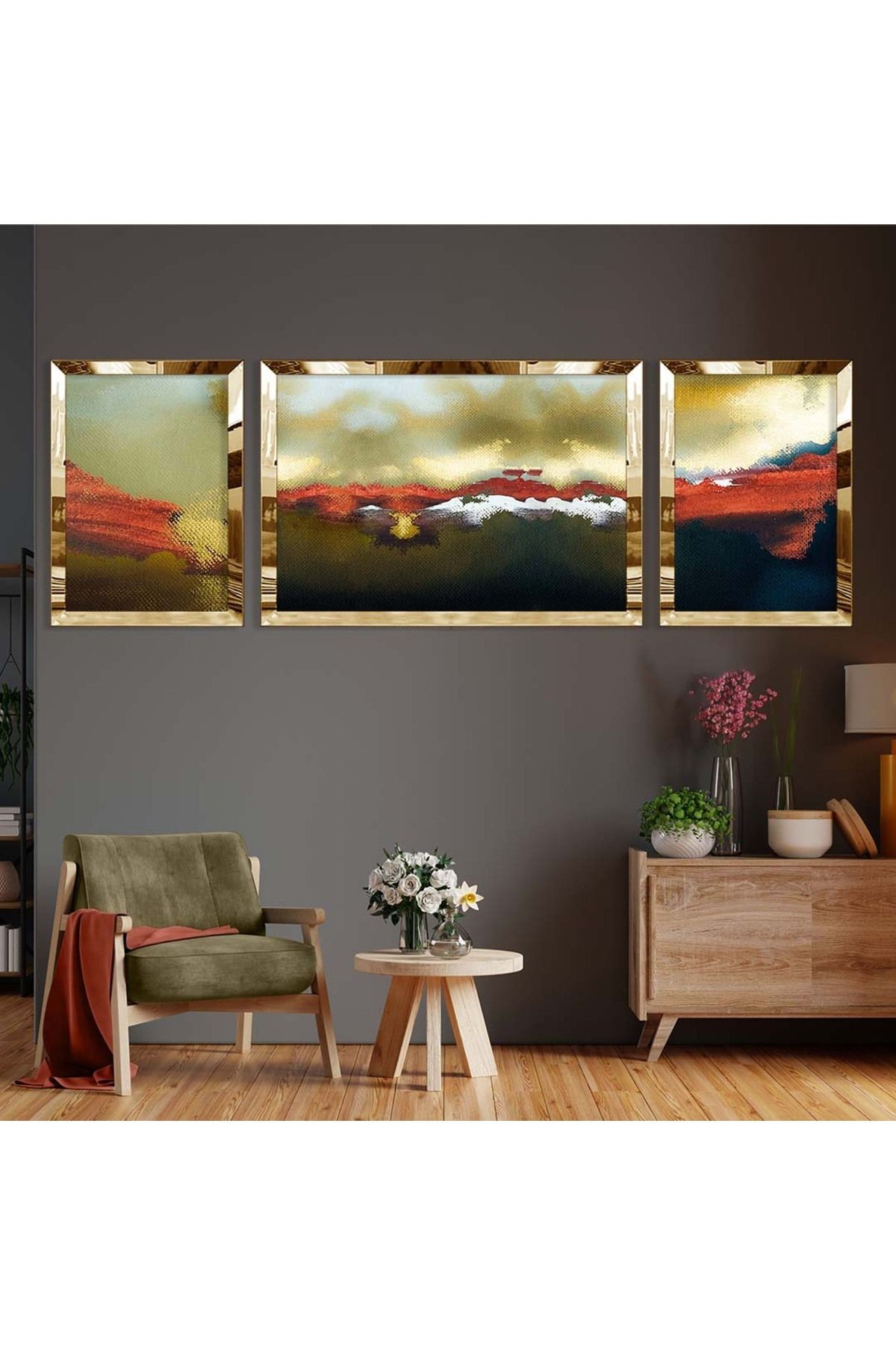 Gold Aynalı Pleksi Çerçeveli Üçlü Soyut Gold Desenli Mdf Tablo Seti