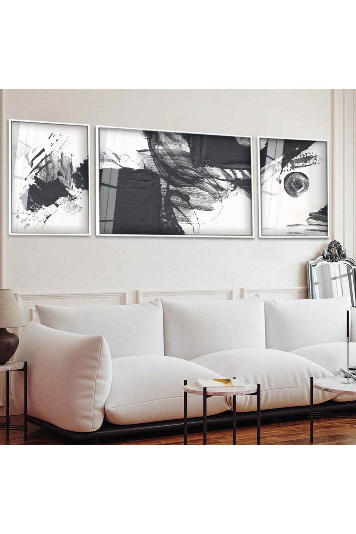 Minimal Tasarım Çizim Soyut Desen 3'Lü Metal Çerçeveli UV Baskı Kırılmaz Cam Tablo