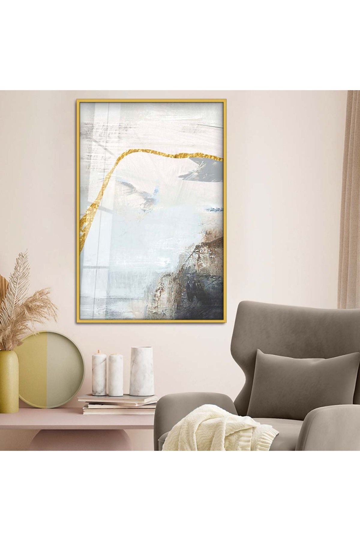 Gold Metal Çerçeveli Modern Çizim Soyut Tema Kırılmaz Cam Tablo