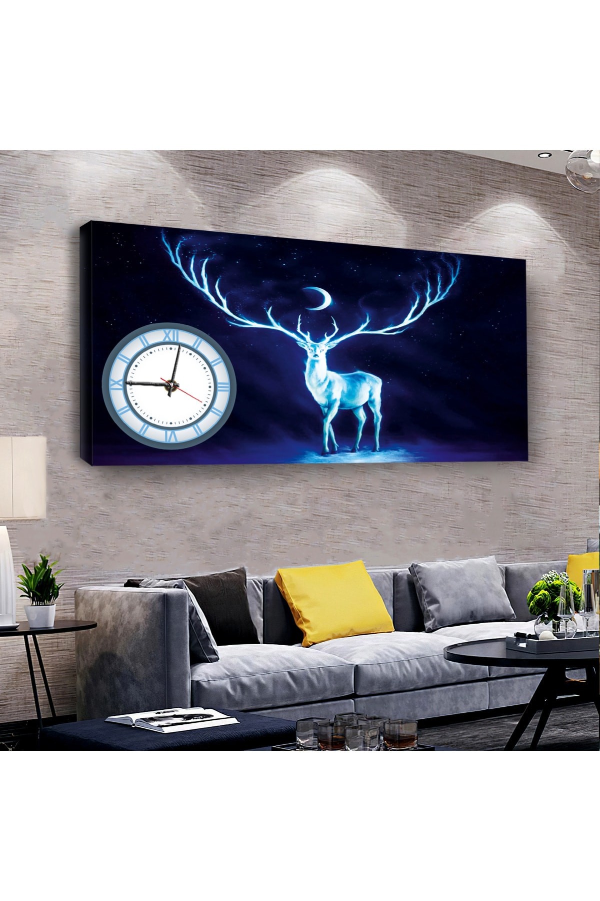 Geyik saatliAhşap Şase Dijital Baskı Kanvas Tablo 120X60Cm