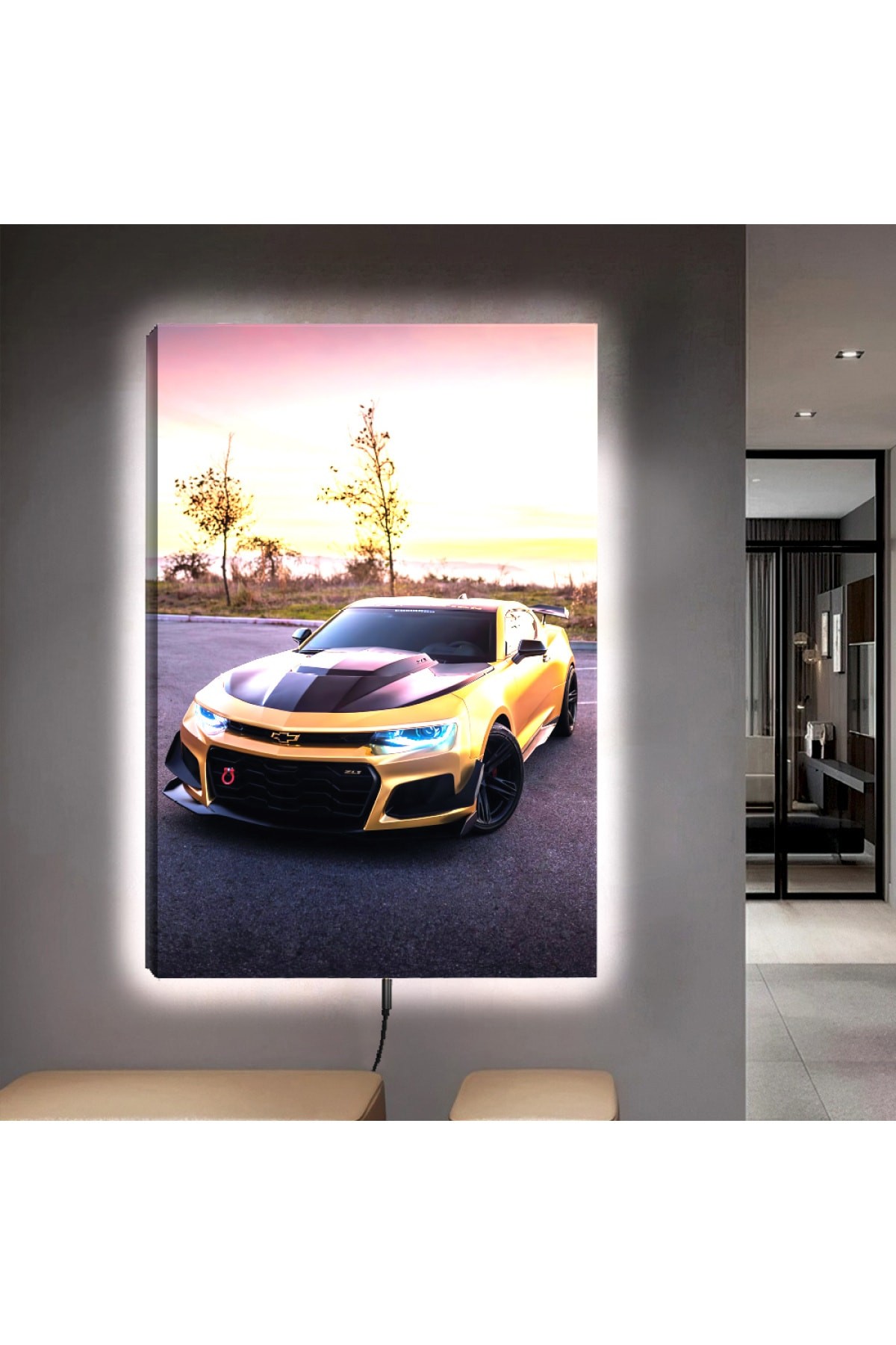 Modern Tablo Ledli Spor Araba Ahşap Şase Dijital Baskı Kanvas Tablo 90X60Cm