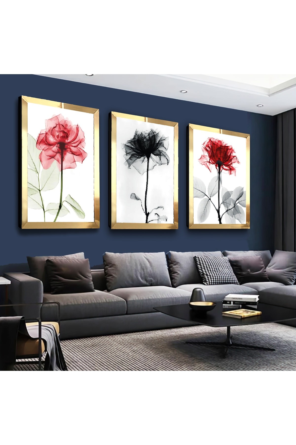 Renkli Gül Çizim Gold Pleksi Kenar 3'Lü Solmaz MDF Tablo Seti