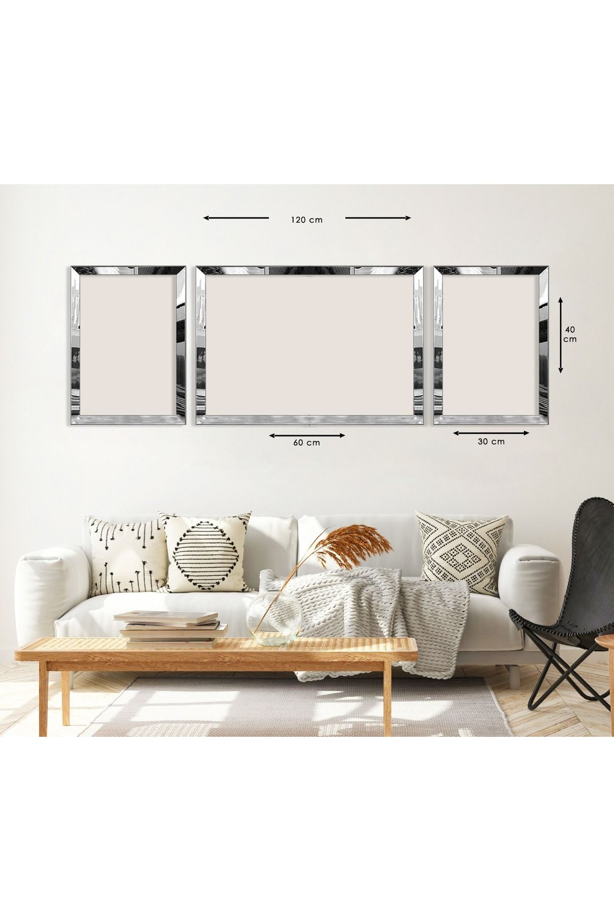 Gümüş Aynalı Pleksi Çerçeveli Üçlü Altın Desenli Modern Üçlü Mdf Tablo Seti