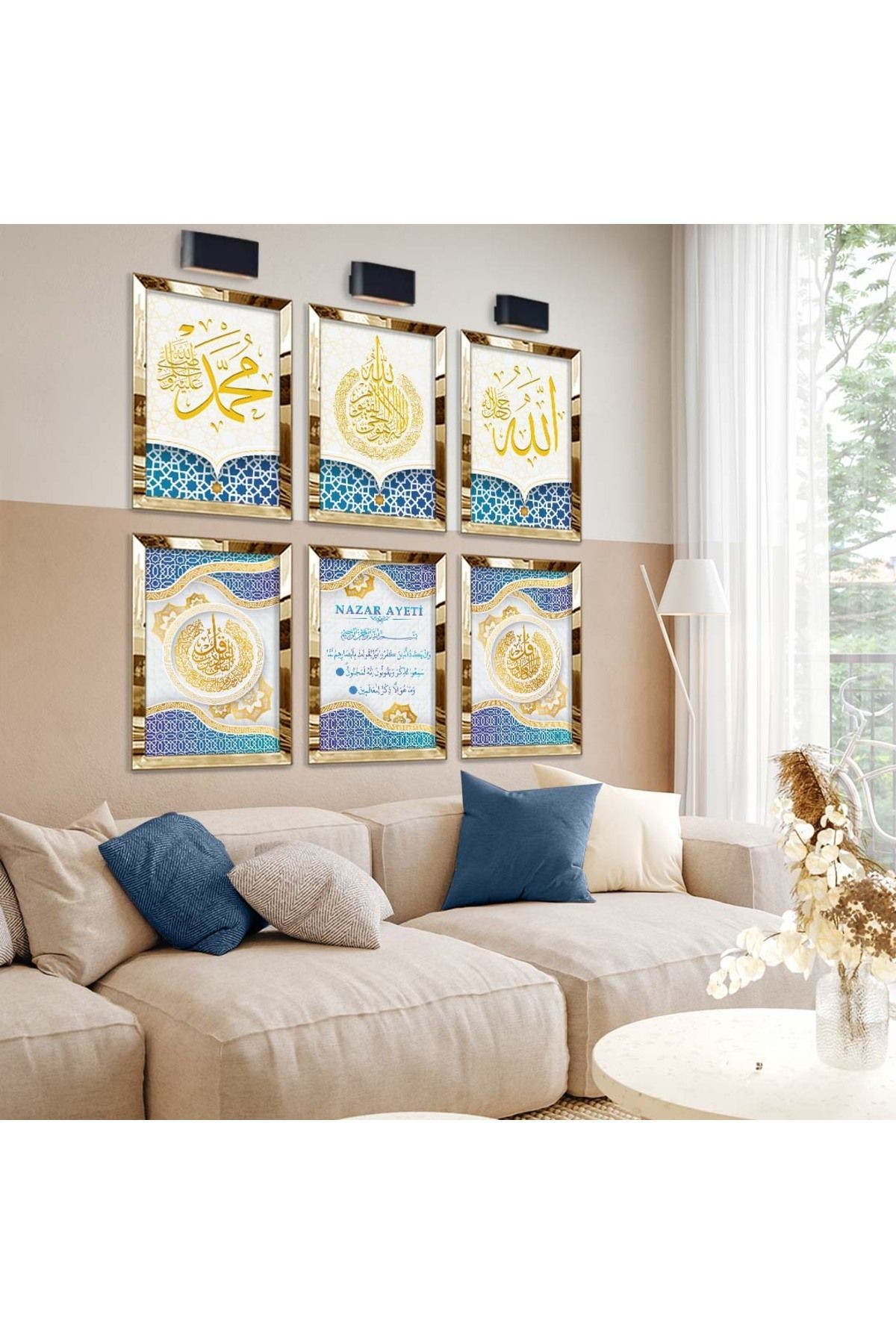 Gold Aynalı Pleksi Çerçeveli Nazar Ayeti Dini Model Altılı Mdf Tablo Seti