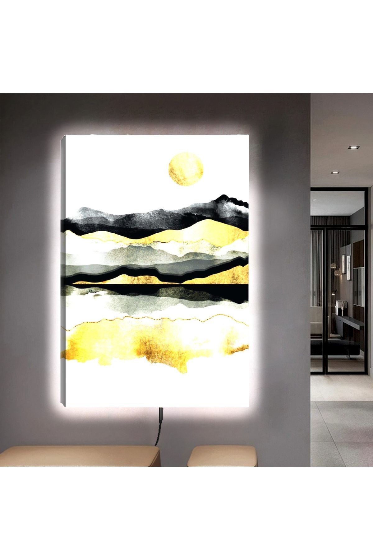 Ledli 90x60 Modern Çizim Dağ Güneş Kanvas Tablo
