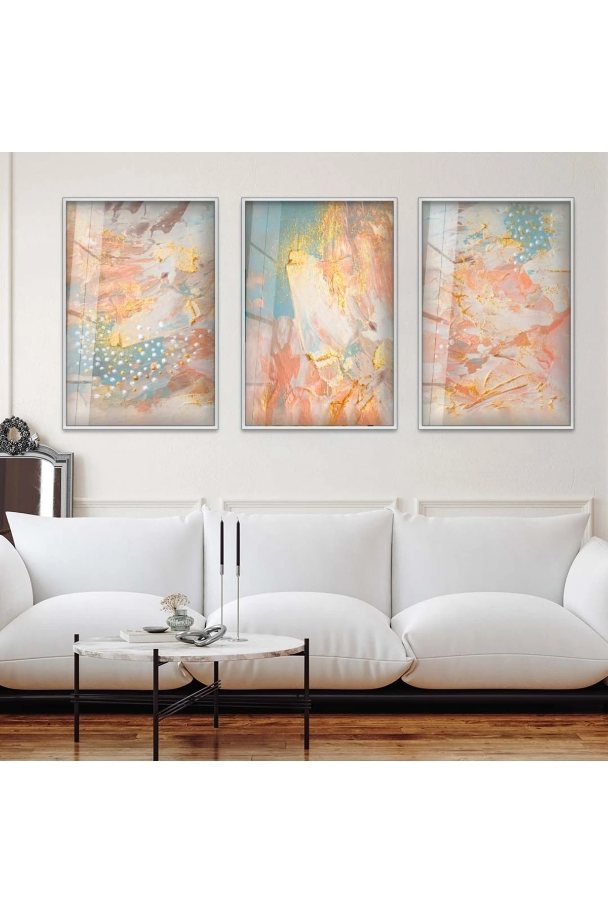 Minimalist Soyut Desen 3'Lü Metal Çerçeveli UV Baskı Kırılmaz Cam Tablo Set