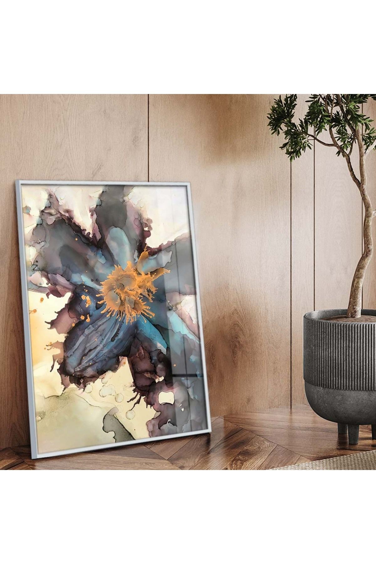 Gümüş Metal Çerçeveli Soyut Tema Modern Çizim Kırılmaz Cam Tablo