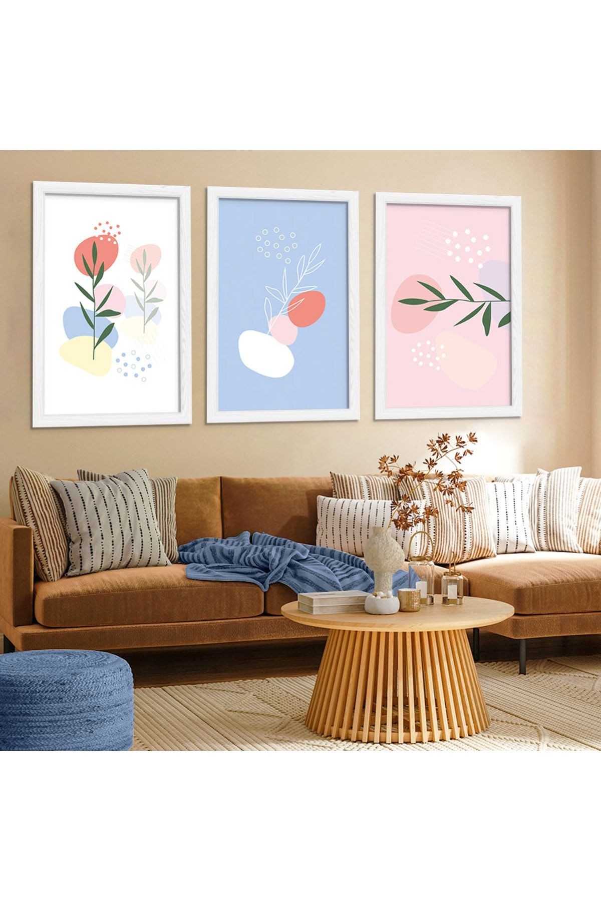 Beyaz Ahşap Çerçeveli Kolaj Çizim Modern Tablo