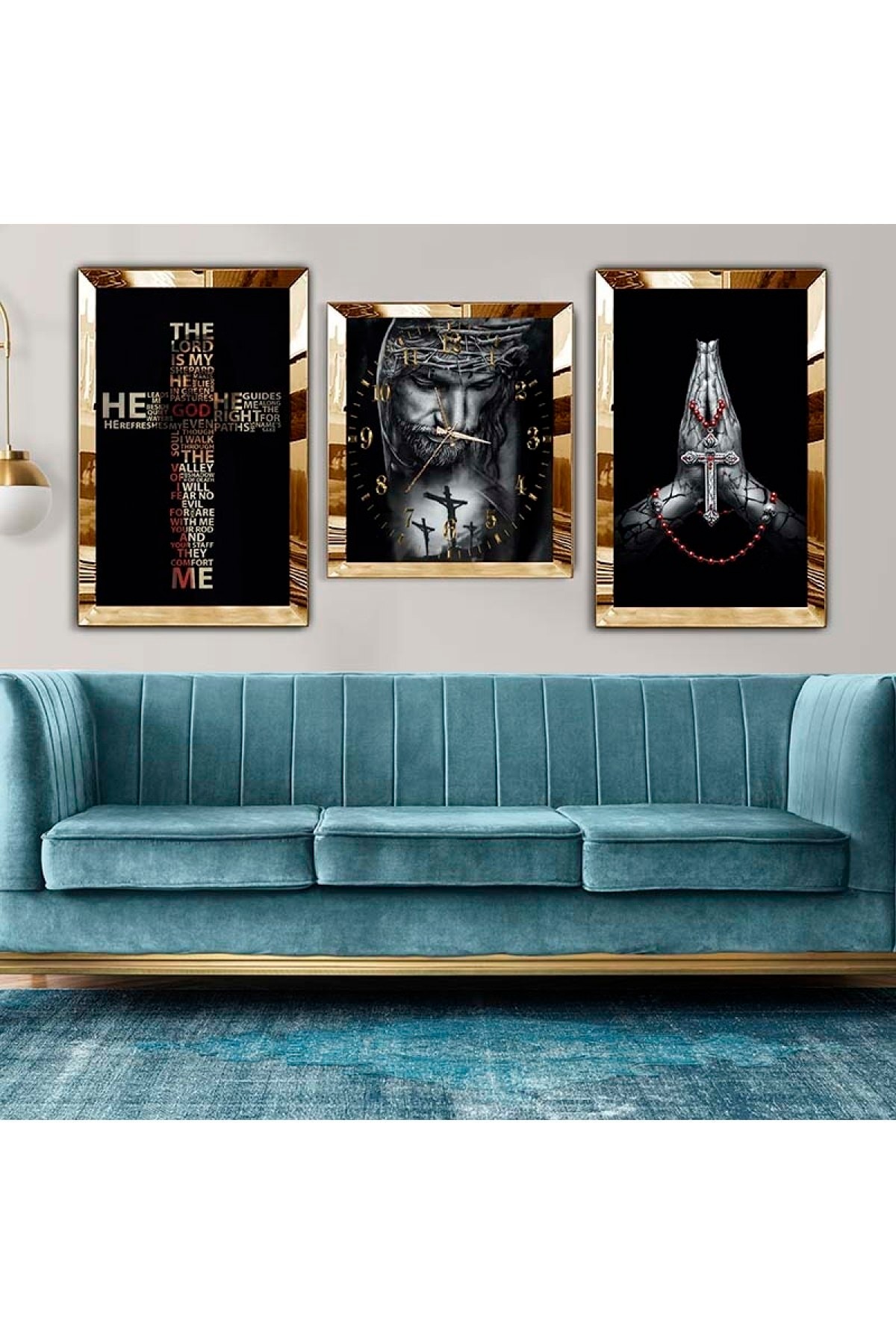 Minimal Minimalist Gold Pleksi Kenar 3'Lü Solmaz MDF Tablo Saat Seti