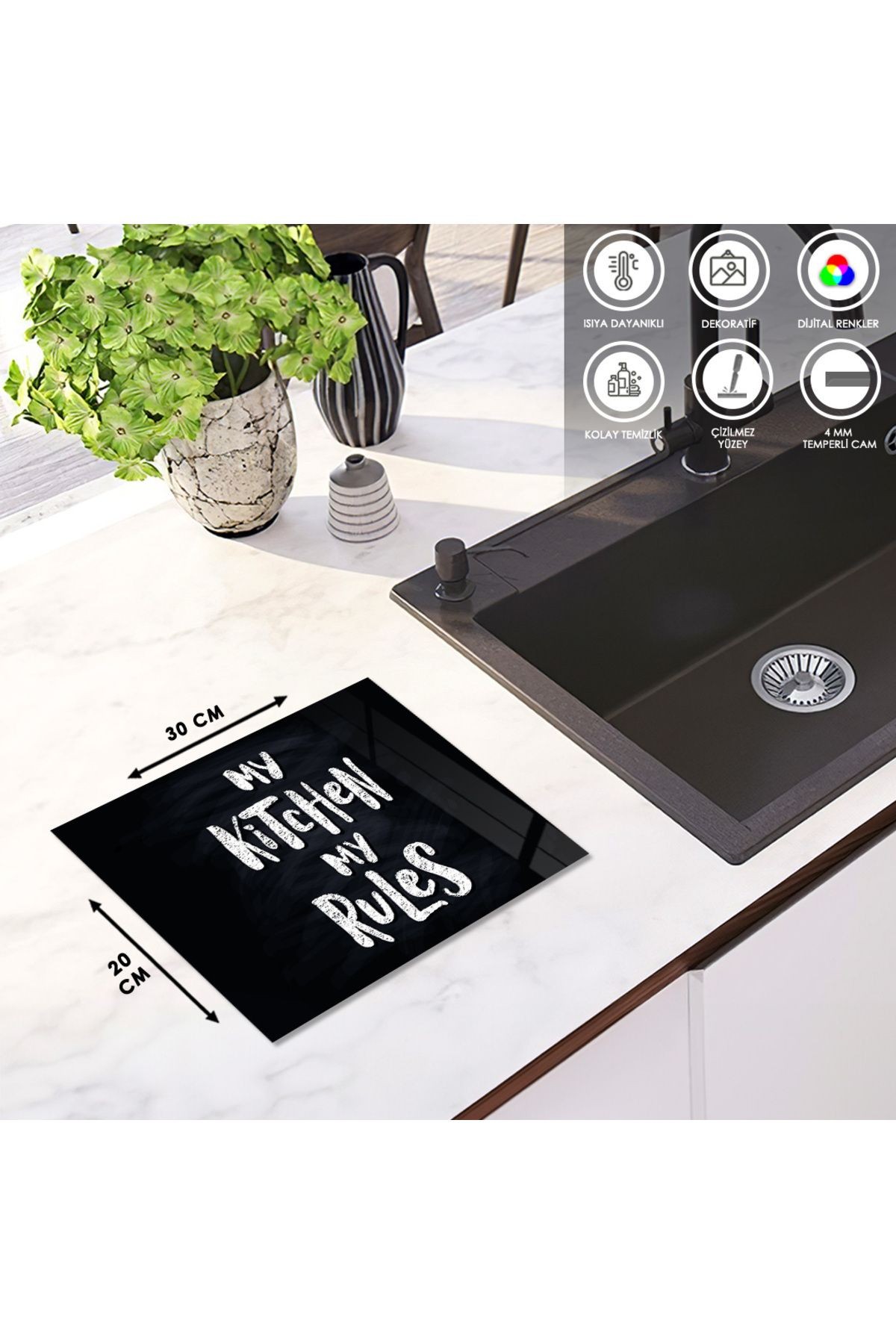 Cam Kesme Tahtası Siyah Arka Planlı "My Kitchen My Rules" Yazılı