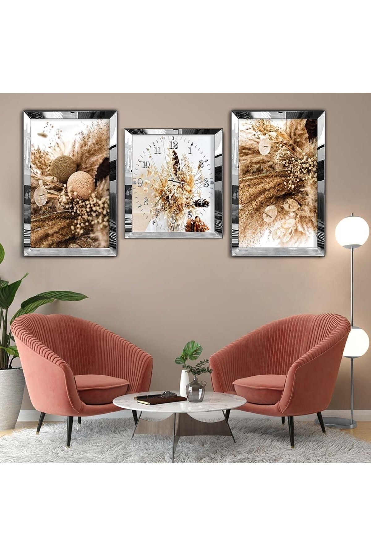 Renkli Sanat Tablosu Gold Pleksi Kenar 3'Lü Solmaz MDF Tablo Saat Seti
