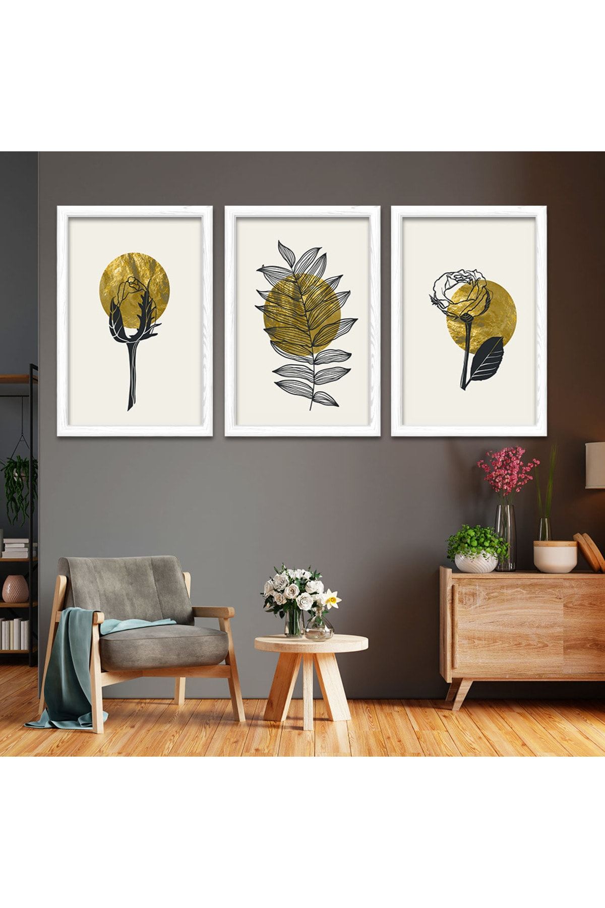 Beyaz Ahşap Çerçeveli Kolaj Çizim Modern Tablo