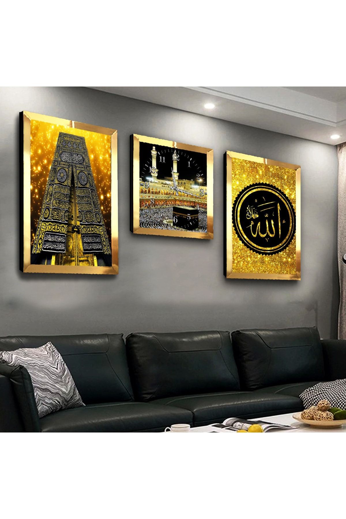 Gold Aynalı Pleksi Çerçeveli Kabe Ve Allah Lafzı Dini Üçlü Mdf Tablo Seti Ve Saat Seti