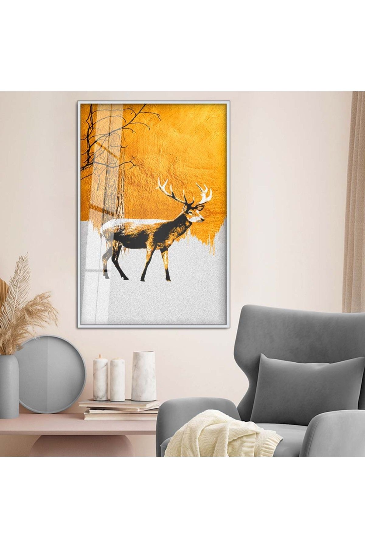 Gümüş Metal Çerçeveli Modern Çizim Geyik Tema Kırılmaz Cam Tablo