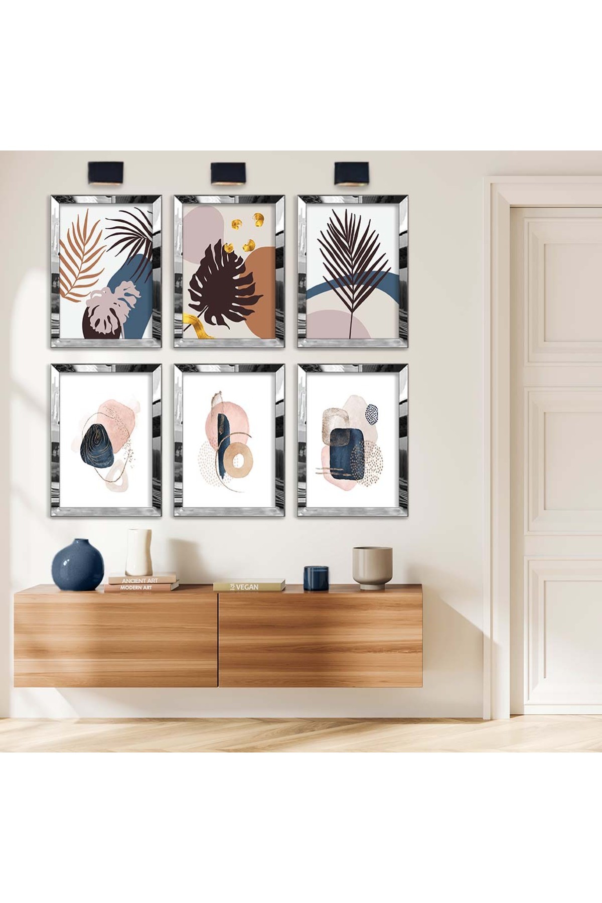 Modern Çizim Yaprak Ve Soyut Tema 6'Lı Pleksi Kenar Solmaz MDF Tablo Seti