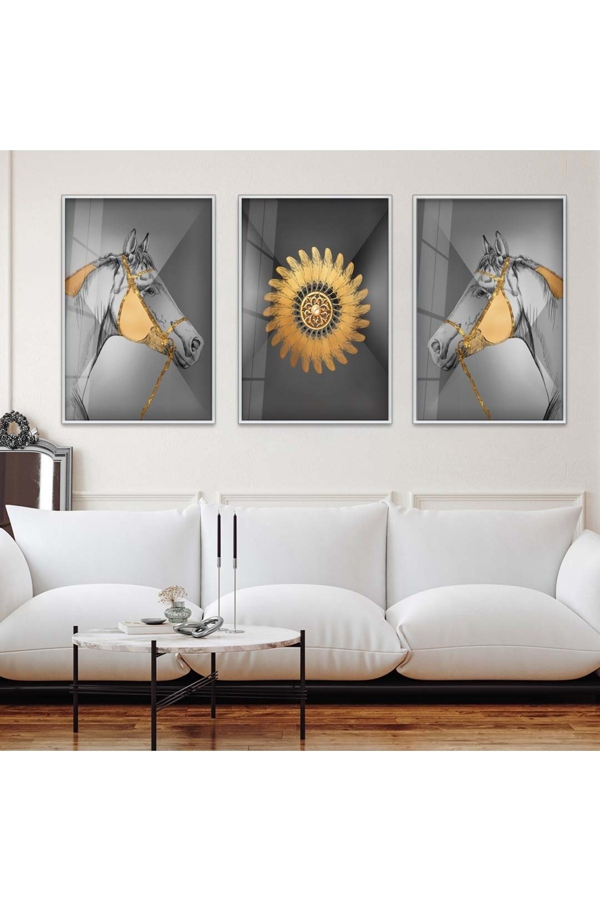 Canlı Huzur Minimalist Soyut Desen 3'Lü Metal Çerçeveli UV Baskı Kırılmaz Cam Tablo Seti