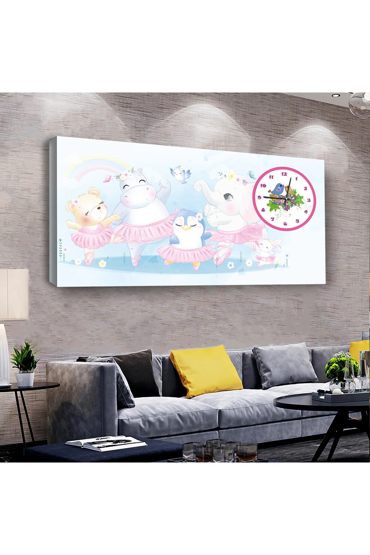 Salon Tablosu Kız Çocuğu Odası saatliAhşap Şase Dijital Baskı Kanvas Tablo 100X50Cm