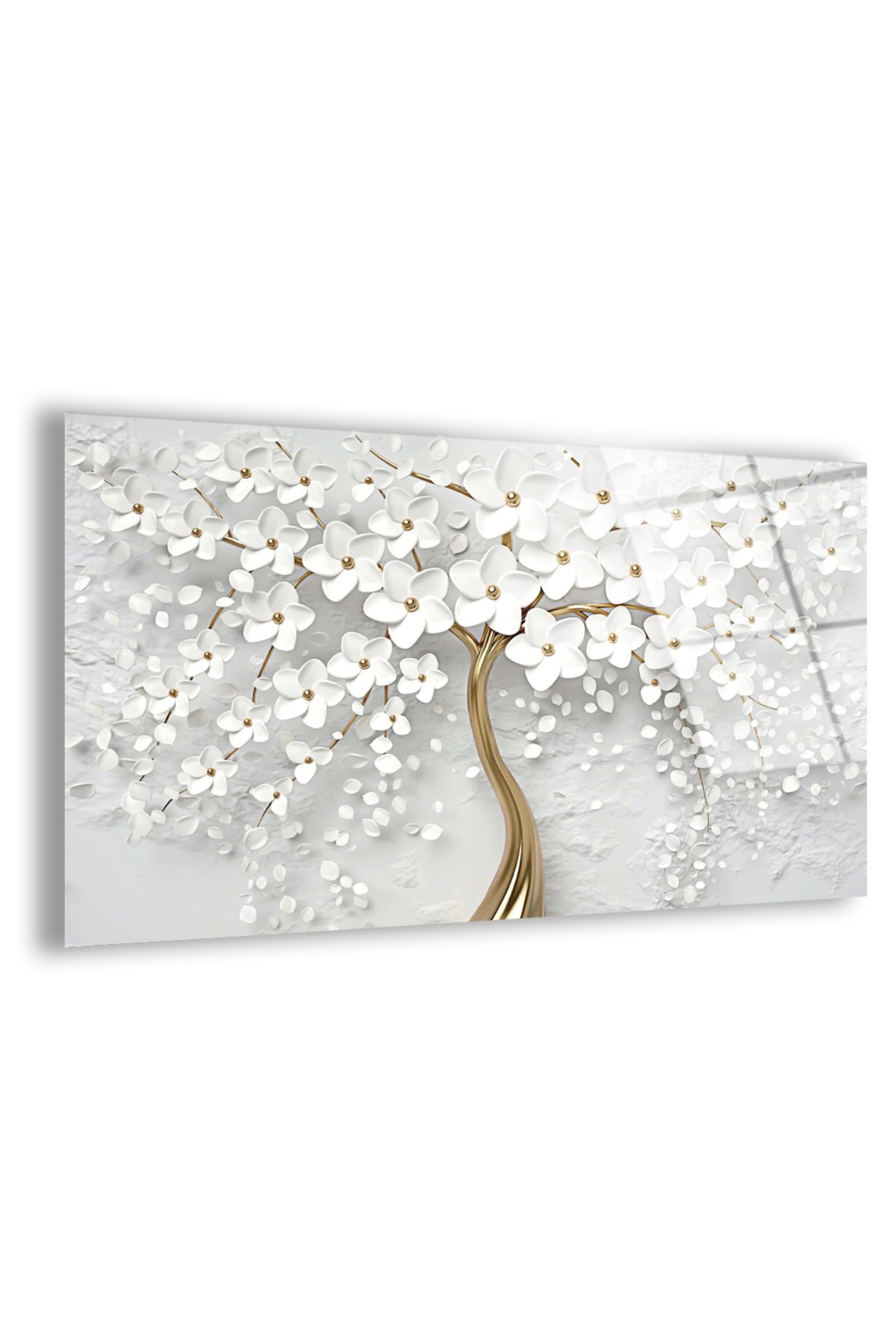 Modern Tablo Beyaz Çiçek UV Baskı Kırılmaz Cam Tablo