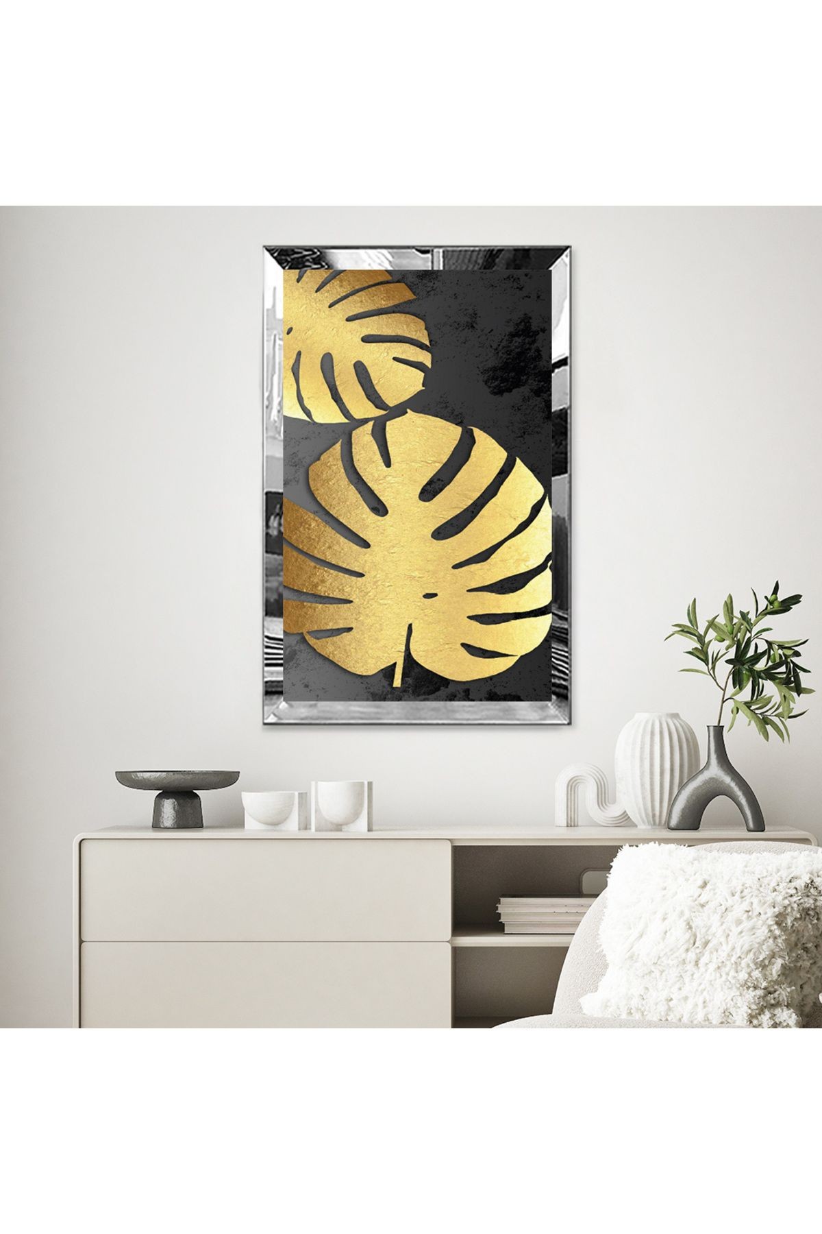 Gold Aynalı Pleksi Çerçeveli Altın Renkli Modern Çiçek Mdf Tablo