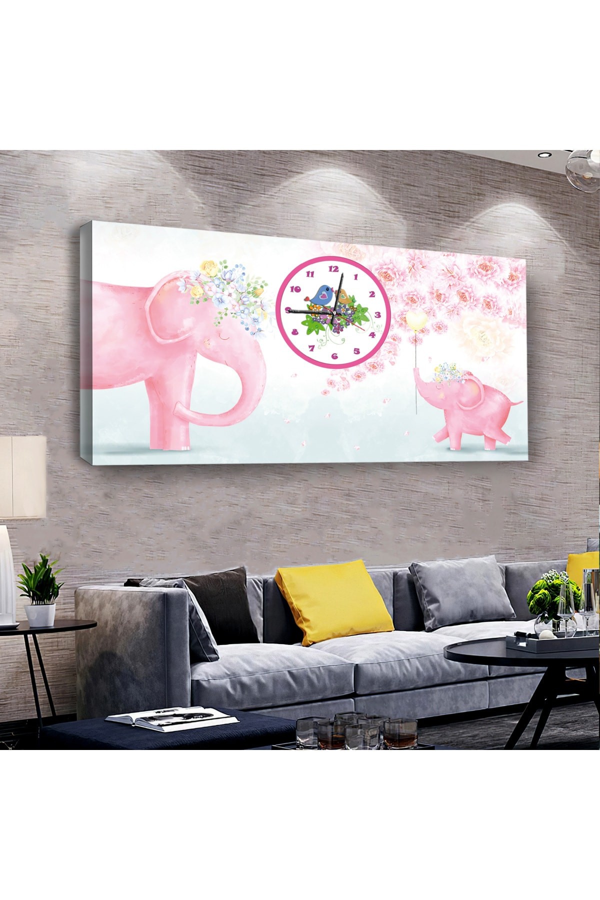 Canlı Renkli Kız Çocuğu Odası saatliAhşap Şase Dijital Baskı Kanvas Tablo 100X50Cm