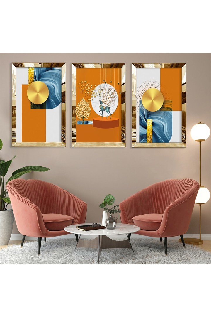 Tasarım Sanat Tablosu Soyut Desen Gold Pleksi Kenar 3'Lü Solmaz MDF Tablo