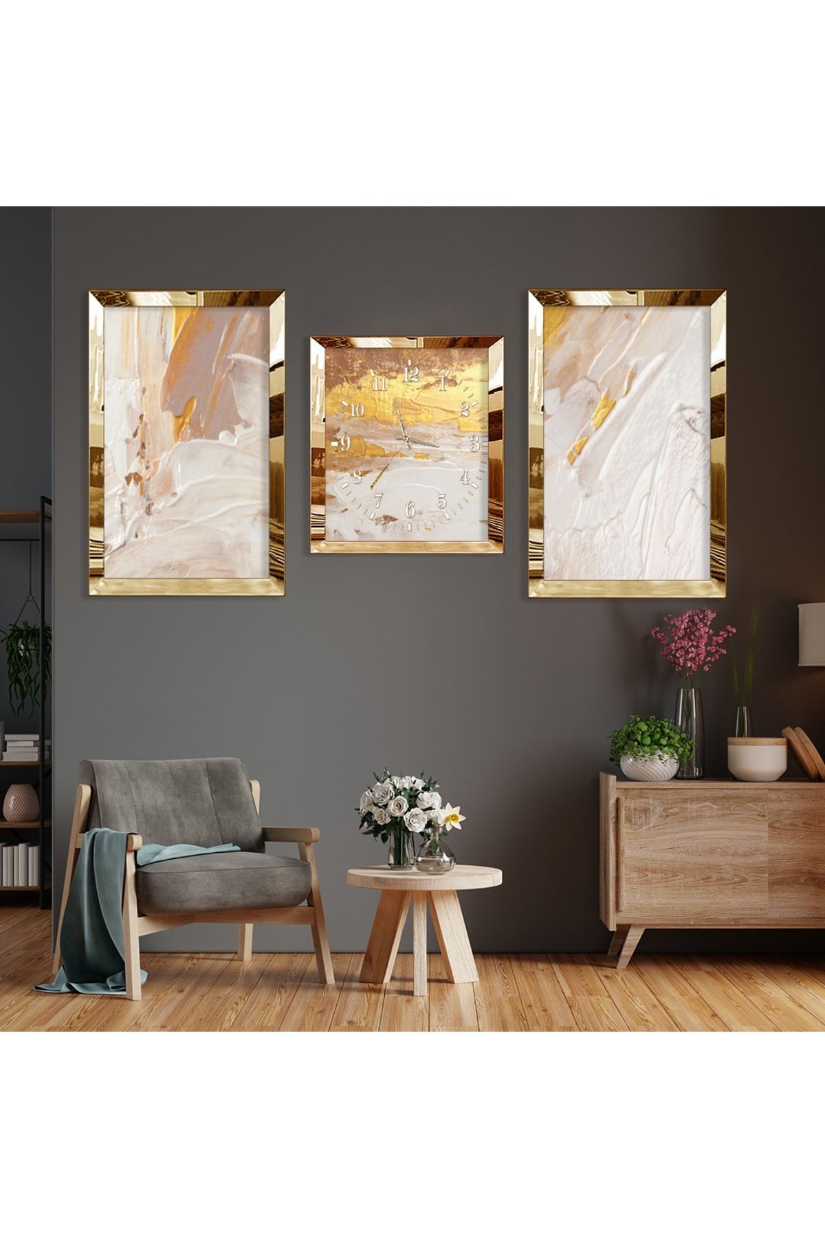Soyut Desen Gold Pleksi Kenar Üçlü Mdf Tablo Seti Ve Saat Seti