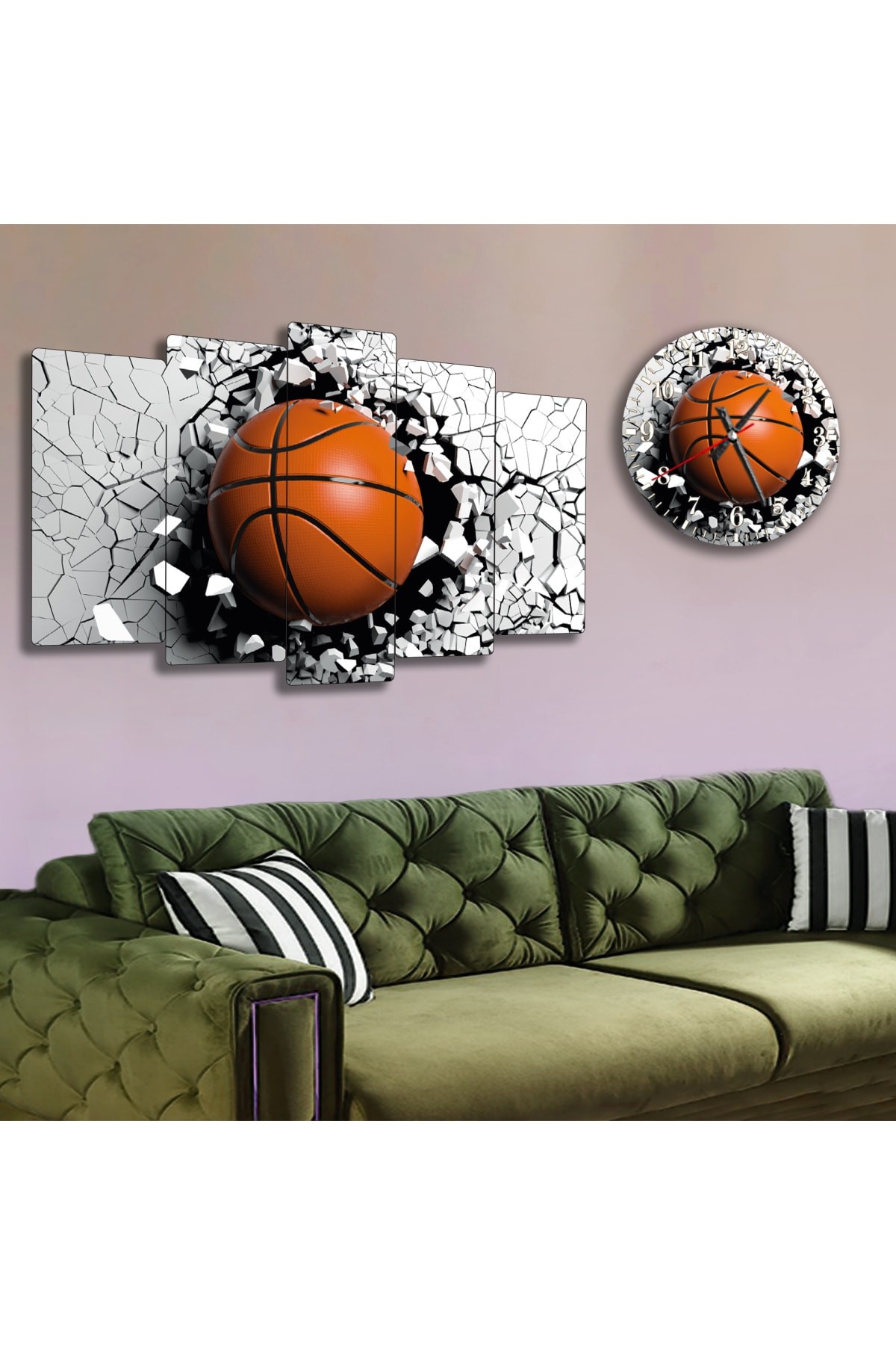 Basketbol Topu Solmaz MDF Tablo Ve Saat Kombin