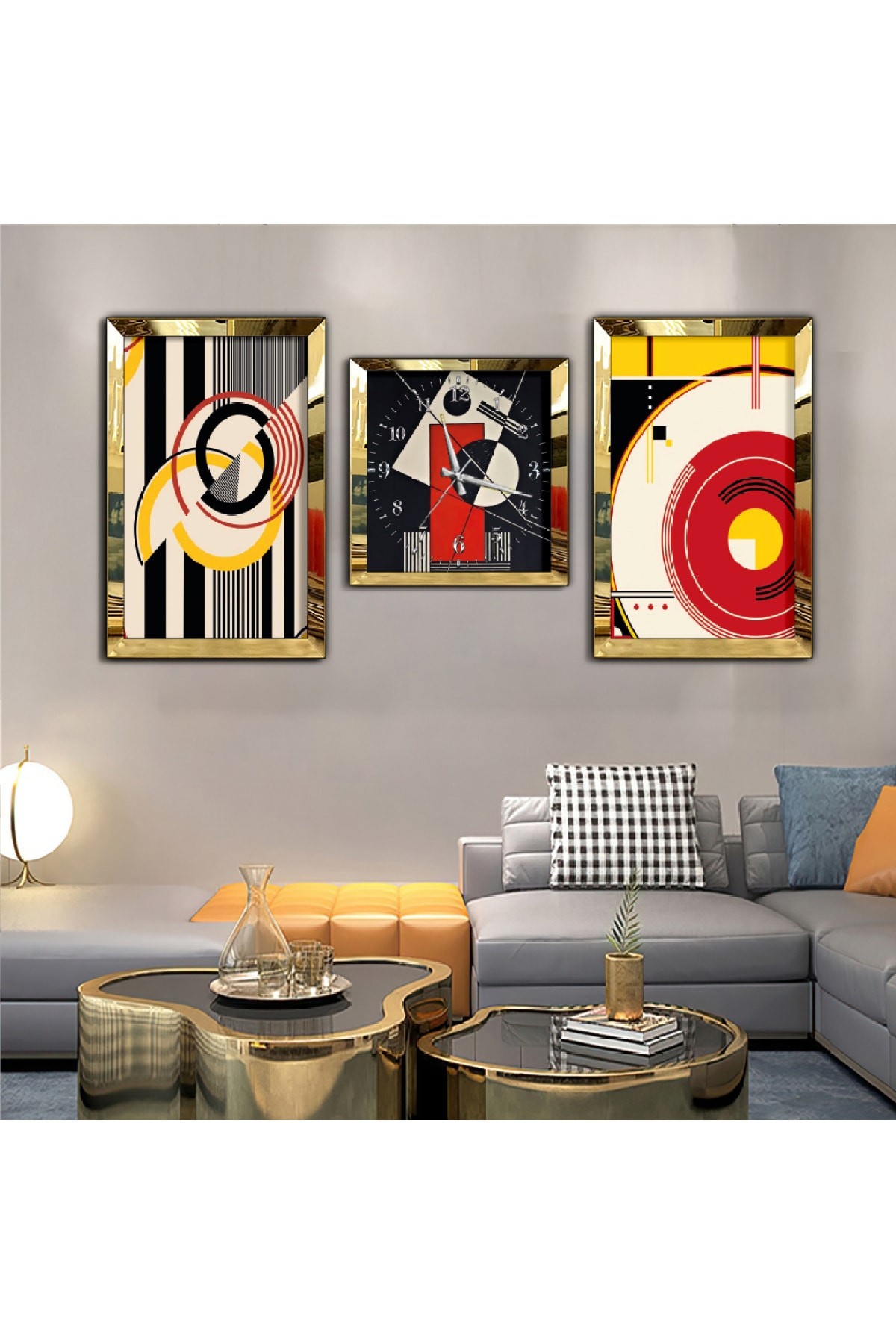 Sanat Tablosu Renkli Aynalı Gold Pleksi Çerçeveli Solmaz MDF Tablo Ve Saat Seti