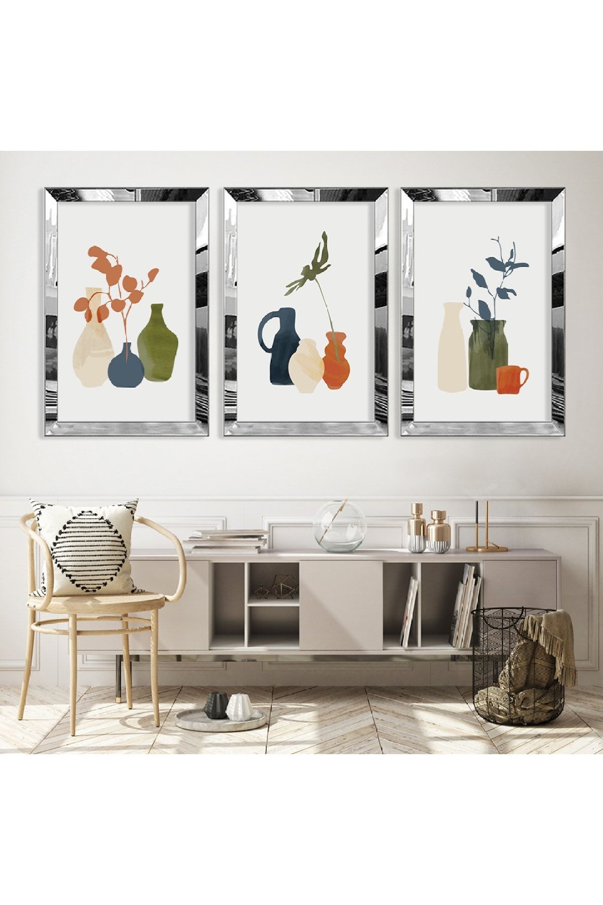 Gümüş Aynalı Pleksi Çerçeveli Minimalist Üçlü Soyut Desen Üçlü Mdf Tablo Seti