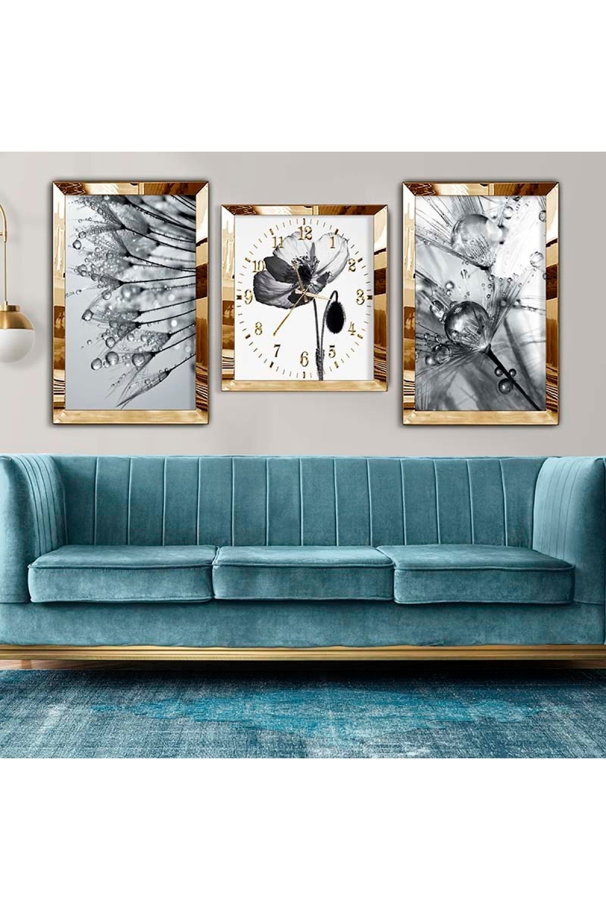 Modern Minimalist Gold Pleksi Kenar 3'Lü Solmaz MDF Tablo Saat Seti