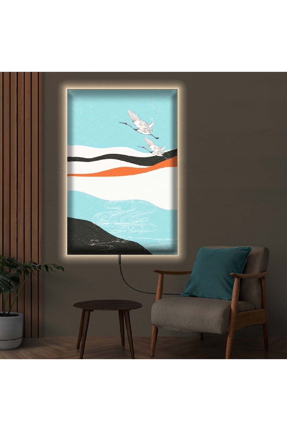 Renkli Ledli Kolaj Çizim Ahşap Şase Dijital Baskı Kanvas Tablo 90X60Cm