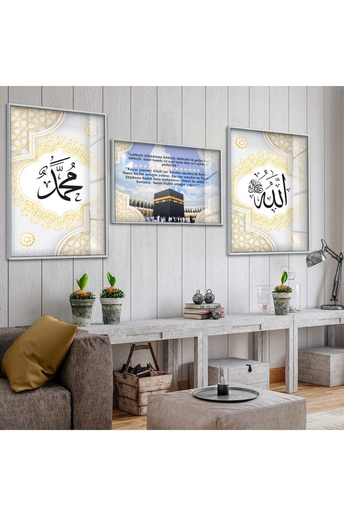 Gold Metal Çerçeveli Kabe Dini Üçlü Kırılmaz Cam Tablo Seti