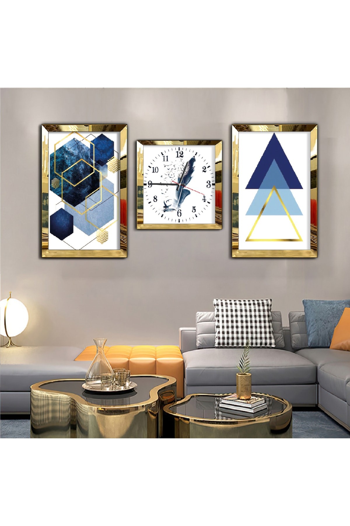 Modern Tablo Mavi Renkli Aynalı Gold Pleksi Çerçeveli MDF Tablo Ve Saat Seti